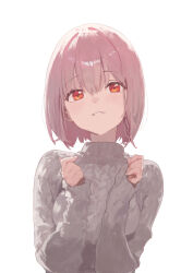 Rule 34 | 1girl, breasts, dot nose, grey sweater, gridman universe, hair between eyes, hands up, head tilt, highres, kissshotmagia, light blush, light smile, long sleeves, looking at viewer, medium breasts, parted lips, pink hair, red eyes, shinjou akane, short hair, simple background, solo, ssss.gridman, sweater, thick eyelashes, upper body, white background