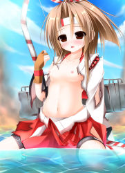 Rule 34 | 10s, 1girl, :d, backpack, bag, blush, bow (weapon), breasts, brown eyes, brown hair, collarbone, d:, day, hair intakes, highres, japanese clothes, kantai collection, kimono, looking at viewer, navel, nipples, ocean, oil, open mouth, outdoors, parted lips, partially submerged, shocchan (sanymph), sitting, small breasts, smile, torn clothes, wariza, water, weapon, zuihou (kancolle)