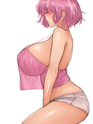 Rule 34 | 1girl, bare shoulders, blush, breasts, hands between legs, hidden eyes, highres, huge breasts, midriff, open mouth, original, pink hair, see-through, shiny skin, short hair, short shorts, shorts, spaghetti strap, steamingtofu, thighs, white background