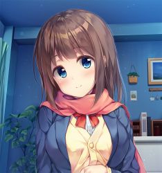 Rule 34 | 1girl, bad id, bad twitter id, blazer, blue eyes, blue jacket, blush, bow, bowtie, brown hair, buttons, cardigan, closed mouth, commentary request, curtains, hanging plant, head tilt, indoors, jacket, jar, light particles, long hair, long sleeves, looking at viewer, open clothes, open jacket, original, pasdar, picture frame, pink scarf, plant, red bow, red bowtie, scarf, school uniform, shelf, shirt, sidelocks, smile, solo, table, undershirt, upper body, white shirt, wing collar, yellow cardigan