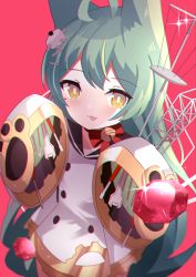 Rule 34 | 1girl, absurdres, ahoge, akashi (azur lane), animal ears, arms up, azur lane, cat ears, commentary request, gem, green hair, hair between eyes, highres, long hair, machinery, mole, mole under eye, red gemstone, screwdriver, sleeves past fingers, sleeves past wrists, tongue, tongue out, tools, very long hair, wide sleeves, wrench, yamaha tsui, yellow eyes