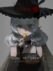 Rule 34 | 1girl, 2018, bare shoulders, black dress, black gloves, black hat, blue eyes, breasts, candy, closed mouth, collarbone, cross, detached sleeves, dress, facial mark, fingerless gloves, fingernails, food, gloves, grey background, grey hair, grey sleeves, halloween, hand up, hat, holding, holding candy, holding food, holding lollipop, lace-trimmed hat, lace trim, latin cross, lollipop, long hair, long sleeves, looking at viewer, medium breasts, nail polish, original, pointy ears, red nails, shaded face, shadowsinking, simple background, sleeveless, sleeveless dress, snow, solo, trick or treat, upper body, witch hat