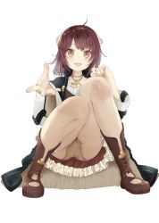 Rule 34 | 1girl, ass, atelier (series), atelier sophie, bad id, bad pixiv id, blush, boots, breasts, brown eyes, brown footwear, brown hair, collarbone, commentary request, frills, hair ornament, head scarf, highres, jewelry, kazuaki yoshida, long sleeves, looking at viewer, necklace, open mouth, panties, short hair, simple background, sitting, skirt, smile, solo, sophie neuenmuller, underwear, white background, wide sleeves