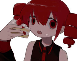 Rule 34 | 1girl, bare shoulders, black shirt, black sleeves, buttons, cake, collared shirt, detached sleeves, drill hair, fang, food, food on face, fruit, hand up, highres, holding, holding cake, holding food, kasane teto, looking at viewer, nail polish, open mouth, red eyes, red hair, red nails, red trim, shino (4no 0), shirt, simple background, sleeveless, sleeveless shirt, solo, strawberry, strawberry cake, twin drills, upper body, utau, white background
