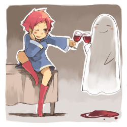 Rule 34 | 1girl, alcohol, artist request, boots, drink, ghost, glass, kumatora, lowres, mother (game), mother 3, nintendo, pink hair, short hair, solo, tomboy, wine