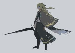 1girl asteroid_ill bad_id bad_twitter_id blonde_hair blue_eyes cape cornea_(asteroid_ill) full_body hair_ornament hair_ribbon holding holding_sword holding_weapon long_hair long_sleeves neon_trim original ribbon side_ponytail side_slit sketch skirt solo standing sword weapon