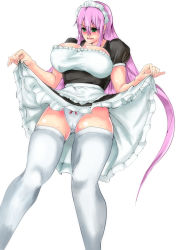 Rule 34 | 1girl, blush, breasts, cameltoe, cleavage, clothes lift, cup-chan, embarrassed, female focus, from below, green eyes, groin, hair between eyes, hands up, highres, lace, lace panties, large breasts, legs, legs apart, lifting own clothes, long hair, looking down, maid, maid headdress, open mouth, panties, pantyshot, pink hair, simple background, skirt, skirt lift, solo, standing, sweat, thighhighs, thighs, underwear, white background, white panties, white thighhighs