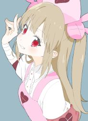 Rule 34 | 1girl, absurdres, apron, armband, bad id, bad twitter id, blush, collared shirt, donguri suzume, fox shadow puppet, grin, hair ornament, hat, heart, highres, light brown hair, long hair, looking at viewer, natori sana, nurse cap, pink apron, pink hat, rabbit hair ornament, red eyes, sana channel, shirt, short sleeves, simple background, smile, solo, two side up, virtual youtuber