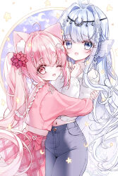 Rule 34 | 2girls, ;d, absurdres, ahoge, animal ear fluff, animal ears, bare shoulders, black pants, blue eyes, blush, commentary request, copyright request, crescent, crop top, flower, frilled sailor collar, frills, grey hair, hair between eyes, hair flower, hair intakes, hair ornament, hands up, highres, hug, long hair, multiple girls, navel, off-shoulder shirt, off shoulder, one eye closed, open mouth, pants, pink hair, pink sailor collar, pink shirt, pink skirt, plaid, plaid skirt, pleated skirt, red eyes, red flower, sailor collar, shirt, side ponytail, skirt, smile, star (symbol), tandohark, very long hair, white background, white shirt
