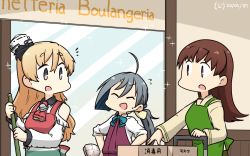 Rule 34 | 3girls, ahoge, apron, beige serafuku, blonde hair, braid, brown eyes, brown hair, cart, closed eyes, commentary request, dated, french braid, green apron, grey hair, hair between eyes, hair bun, halterneck, hamu koutarou, hands on own hips, hat, highres, italian text, kantai collection, kiyoshimo (kancolle), long hair, low twintails, mini hat, multicolored apron, multiple girls, one-hour drawing challenge, ooi (kancolle), school uniform, serafuku, shirt, sign, single hair bun, sleeves rolled up, sparkle, translation request, twintails, wavy hair, white headwear, white shirt, zara (kancolle)