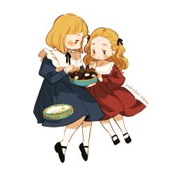 Rule 34 | 2girls, black eyes, black footwear, black ribbon, blonde hair, blue dress, blush stickers, bob cut, box, box of chocolates, candy, child, chocolate, closed mouth, dated, dress, food, frilled sleeves, frills, from side, full body, hair behind ear, hair pulled back, hair ribbon, hand up, high collar, highres, holding, holding box, holding food, invisible chair, juliet sleeves, knees together feet apart, lid, long hair, long sleeves, looking down, mary janes, medium dress, multiple girls, neck ribbon, original, pleated dress, profile, puffy long sleeves, puffy sleeves, red dress, ribbon, shoes, short hair, siblings, side-by-side, signature, simple background, sisters, sitting, smile, sweets, tareme, two side up, wavy hair, white background, zakka (d-o-t)