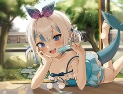 Rule 34 | 1girl, absurdres, barefoot, blue camisole, blue eyes, blue hair, blue shorts, blush, bow, breasts, camisole, cleavage, ddungddang, fins, fish tail, food, gawr gura, grey hair, hair bobbles, hair bow, hair ornament, hairband, head rest, highres, holding, holding food, hololive, hololive english, looking at viewer, lying, medium hair, multicolored hair, on stomach, open mouth, pajamas, popsicle, shark girl, shark tail, sharp teeth, short hair, shorts, sleeping, small breasts, smile, solo, strap slip, streaked hair, tail, teeth, tree, virtual youtuber