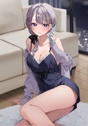 Rule 34 | 1girl, bare shoulders, blue eyes, blush, breasts, cellphone, chigusa minori, cleavage, collarbone, corrupted twitter file, couch, grey hair, hair ornament, highres, holding, holding phone, indoors, large breasts, long sleeves, medium hair, off shoulder, parted lips, phone, rug, saotome shino (shino to ren), shino to ren, smartphone, solo, talking on phone, thighs, window