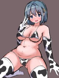 Rule 34 | 1girl, @ @, absurdres, akatoki, animal print, bikini, blue eyes, blue hair, blush, breasts, cow print, elbow gloves, gloves, hair ornament, hairclip, highres, large breasts, looking at viewer, mahou shoujo madoka magica, mahou shoujo madoka magica (anime), miki sayaka, navel, open mouth, print gloves, short hair, simple background, smile, solo, swimsuit, thighhighs, thighs, v, white gloves, white thighhighs