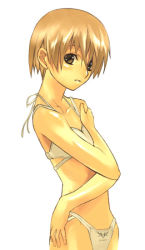 Rule 34 | 1girl, blonde hair, copyright request, expressionless, flat chest, looking at viewer, nagi ryou, parted lips, self hug, short hair, simple background, solo, underwear, underwear only