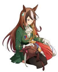 Rule 34 | 2girls, aiguillette, animal ears, ascot, black thighhighs, bow, breasts, brown hair, buttons, cape, closed mouth, commentary request, double-breasted, ear ornament, earrings, epaulettes, gloves, green jacket, green skirt, hair between eyes, highres, horse ears, horse girl, jacket, jewelry, lap pillow, long hair, long sleeves, medal, medium breasts, multicolored hair, multiple girls, pink bow, ponytail, red cape, simple background, single earring, single epaulette, sitting, skirt, smile, streaked hair, symboli rudolf (umamusume), thighhighs, tokai teio (umamusume), umamusume, vulpes, white ascot, white background, white gloves, white hair, white jacket