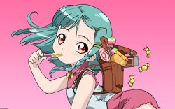Rule 34 | 00s, backpack, bag, bent over, braid, brown eyes, candy, child, flat chest, food, green hair, hair ornament, hairclip, highres, limone (simoun), negativezero, pink background, randoseru, simoun, sleeveless, vector trace, wallpaper, wrapped candy