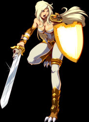 Rule 34 | 1girl, amazon warrior, armor, blonde hair, blue eyes, bracer, breasts, claws, helene, kevin lau, kongai, long hair, muscular, open mouth, shield, simple background, solo, sword, thighhighs, weapon
