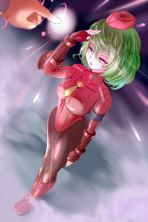 Rule 34 | 1girl, alternate costume, boots, breasts, corruption, covered navel, disembodied limb, fingerless gloves, garrison cap, gloves, glowing, green hair, grey background, hat, kazami yuuka, large breasts, leotard, light rays, long sleeves, looking up, mimochiku, mind break, mind control, necktie, open mouth, orange necktie, pantyhose, red eyes, red gloves, red leotard, ribbed leotard, shadaloo dolls, short hair, short necktie, solo, street fighter, street fighter zero (series), touhou, v-shaped eyebrows