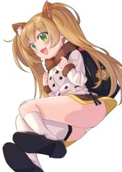 Rule 34 | 1girl, :d, animal ear fluff, animal ears, azur lane, backpack, bad id, bad pixiv id, bag, black bow, black footwear, blush, bow, breasts, brown hair, brown skirt, commentary request, fang, fur-trimmed jacket, fur-trimmed sleeves, fur trim, green eyes, highres, jacket, kneehighs, lightning bolt symbol, loafers, long hair, long sleeves, makinami (azur lane), open mouth, panties, shoe soles, shoes, simple background, sitting, skirt, small breasts, smile, socks, solo, tsukiman, twintails, underwear, very long hair, white background, white jacket, white panties, white socks