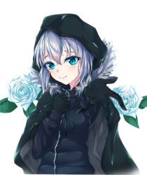 Rule 34 | 1girl, absurdres, aqua eyes, black gloves, blush, cape, cloak, fate (series), flower, fur-trimmed cape, fur trim, gloves, gray (fate), green eyes, grey hair, hair between eyes, highres, hood, hood up, jacket, lord el-melloi ii case files, miying (13975192760), outstretched hand, rose, solo, track jacket, white flower, white rose