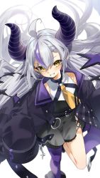 Rule 34 | 1girl, ahoge, bare legs, black dress, blush, coat, demon horns, dress, gotou (nekocat), grey hair, grin, hair between eyes, highres, hololive, horns, la+ darknesss, long hair, long sleeves, looking at viewer, multicolored hair, open clothes, open coat, purple coat, purple hair, purple legwear, signature, simple background, single leg pantyhose, sleeves past fingers, sleeves past wrists, smile, solo, standing, standing on one leg, streaked hair, very long hair, virtual youtuber, white background, yellow eyes