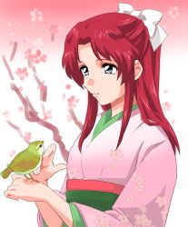 Rule 34 | 1girl, absurdres, bird, bird on hand, bow, flay allster, floral print, grey eyes, gundam, gundam seed, hair bow, highres, japanese clothes, kimono, lips, long hair, red hair, shiina yousei, sidelocks, simple background, solo, upper body, white bow