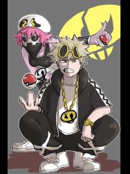 Rule 34 | 10s, 1boy, 1girl, ashido mina, bakugou katsuki, bandana, bandana over mouth, bare shoulders, black sclera, boku no hero academia, breasts, chain, chain necklace, clenched teeth, colored sclera, colored skin, cosplay, creatures (company), eyewear on head, frown, full body, game freak, grey background, guzma (pokemon), guzma (pokemon) (cosplay), holding, holding poke ball, hood, horns, jacket, jewelry, leaning forward, looking at viewer, necklace, nintendo, open clothes, outstretched arm, pants, pink hair, pink skin, poke ball, pokemon, pokemon sm, sharp teeth, shirt, shoes, short hair, short sleeves, shorts, silver hair, simple background, skull necklace, sleeveless, spiked hair, squatting, standing, sunglasses, tank top, team skull, team skull (cosplay), team skull grunt, team skull grunt (cosplay), teeth, tossing, track jacket, track pants, watch, white shirt, wristband, yellow eyes