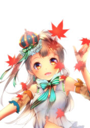Rule 34 | 10s, 1girl, armband, bare shoulders, bow, brown eyes, brown hair, crown, furisode (pixilvina), hat, highres, long hair, looking at viewer, love live!, love live! school idol festival, love live! school idol project, minami kotori, mini hat, open mouth, ribbon, side ponytail, simple background, solo, striped bow, striped ribbon, white background