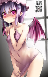 Rule 34 | 1girl, artist name, bare legs, bare shoulders, bat wings, blush, closed mouth, collarbone, covered erect nipples, cowboy shot, flat chest, hand on own chest, hat, highres, indoors, leaning forward, looking at viewer, mob cap, namamo nanase, navel, pink eyes, pink hat, pink wings, purple hair, qr code, remilia scarlet, see-through, shaded face, short hair, solo, touhou, window, wings