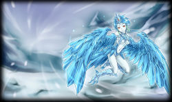 Rule 34 | 1girl, anivia, blue hair, feathered wings, harpy, ice, league of legends, monster girl, nam (valckiry), personification, red eyes, short hair, short hair with long locks, snow, solo, tail, winged arms, wings
