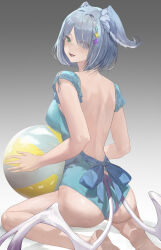 Rule 34 | 1girl, absurdres, alternate hairstyle, ass, back, backless swimsuit, ball, bare back, beachball, blue eyes, blue hair, blue one-piece swimsuit, blue ribbon, blue wings, blush, bob cut, breasts, dragon tail, elira pendora, eyes visible through hair, fangs, from behind, gradient background, hair ornament, hair over one eye, head wings, heterochromia, highres, large breasts, looking at viewer, looking back, low wings, median furrow, multicolored hair, nijisanji, nijisanji en, one-piece swimsuit, one eye covered, open mouth, purple eyes, ribbon, senjou216, short hair, short sleeves, sitting, sleeved one-piece swimsuit, smile, solo, swimsuit, tail, virtual youtuber, wariza, white hair, wings, x hair ornament