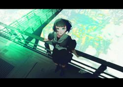 Rule 34 | 1girl, against railing, black shirt, black skirt, bridge, city, commentary, eyelashes, from above, green eyes, highres, kido360, letterboxed, looking at viewer, neckerchief, original, parted lips, pleated skirt, railing, sailor collar, school uniform, shirt, short hair, skirt, solo, white neckerchief, white sailor collar