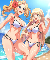 Rule 34 | 2girls, absurdres, beach, bikini, blonde hair, blue eyes, blue sky, blurry, blurry background, breasts, brooklyn (kancolle), brown eyes, cloud, commentary request, commission, cosplay, day, drill hair, flower, hair flower, hair ornament, highres, honolulu (kancolle), honolulu (kancolle) (cosplay), horizon, kantai collection, large breasts, long hair, matching outfits, multiple girls, ocean, official alternate costume, outdoors, pixiv commission, side-tie bikini bottom, sky, smile, swimsuit, twin drills, twintails, white bikini, zanntetu