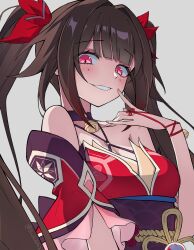 Rule 34 | 1girl, :d, bell, black choker, blush, bow, breasts, brown hair, choker, cleavage, criss-cross halter, dress, eyeliner, finger to mouth, gradient hair, grin, hair bow, hair intakes, halterneck, highres, honkai: star rail, honkai (series), large breasts, long hair, looking at viewer, makeup, multicolored hair, nail polish, neck bell, o-ring, obi, open mouth, red bow, red dress, red eyeliner, red hair, red nails, sash, shockwhite3, sidelocks, simple background, sleeveless, sleeveless dress, smile, solo, sparkle (honkai: star rail), teeth, twintails, upper body, white background