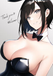 Rule 34 | 1girl, absurdres, bare shoulders, black hair, blush, breasts, cleavage, collarbone, commentary request, english text, grey eyes, head tilt, highres, large breasts, leone (kamina0205), leotard, looking at viewer, original, playboy bunny, short hair, simple background, smile, solo, swept bangs