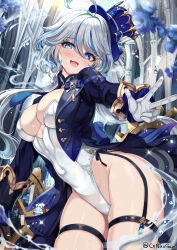 Rule 34 | 1girl, blue eyes, blue hair, blue hat, blush, breasts, cenangam, cleavage, cowlick, furina (genshin impact), genshin impact, hat, highres, large breasts, light blue hair, long hair, looking at viewer, multicolored hair, open mouth, smile, solo, streaked hair, swept bangs, thighs, top hat, water, white hair