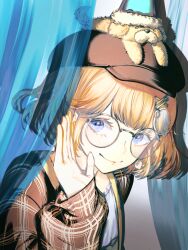 Rule 34 | 1girl, absurdres, animal, animal on head, behind curtains, black hat, blonde hair, blue eyes, brown coat, bubba (watson amelia), cabbie hat, closed mouth, coat, commentary, curtains, dog, dog on head, english commentary, frilled shirt, frills, glasses, hand up, hat, highres, hololive, hololive english, looking at viewer, official alternate costume, on head, plaid, plaid coat, pungson mori, round eyewear, shirt, short hair, smile, solo, upper body, virtual youtuber, watson amelia, watson amelia (street casual), waving, white shirt