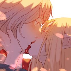 Rule 34 | 2girls, artist name, blonde hair, blush, brown eyes, closed eyes, commentary, dungeon meshi, elf, falin touden, falin touden (chimera), highres, imminent kiss, marcille donato, multiple girls, pointy ears, setapta, symbol-only commentary, tears, yuri