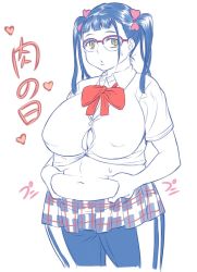Rule 34 | 10s, 1girl, black hair, breasts, glasses, large breasts, looking at viewer, nikuko (galko), oshiete! galko-chan, pink-framed eyewear, plaid, plaid skirt, plump, simple background, skirt, solo, twintails, white background