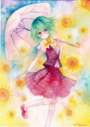 Rule 34 | 10s, 1girl, 2012, bow, bowtie, dated, female focus, floral background, green hair, kazami yuuka, mary janes, mosho, painting (medium), plaid, plaid skirt, plaid vest, puffy sleeves, red eyes, red footwear, shoes, short hair, short sleeves, signature, skirt, skirt set, socks, solo, standing, standing on one leg, touhou, traditional media, vest, watercolor (medium), white socks