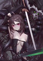 Rule 34 | 1girl, absurdres, bare shoulders, black gloves, black hair, breasts, closed mouth, collarbone, yu mei-ren (fate), elbow gloves, fate/grand order, fate (series), gloves, green eyes, highres, holding, holding sword, holding weapon, katana, long hair, medium breasts, monster, pale skin, red eyes, ren huozhe, serious, sword, weapon, xiang yu (fate)