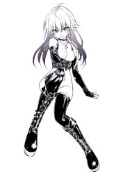 Rule 34 | 1girl, boots, breasts, choker, corset, elbow gloves, fingerless gloves, full body, gloves, greyscale, hamao, idolmaster, idolmaster cinderella girls, jewelry, long hair, looking at viewer, monochrome, multicolored hair, necklace, ninomiya asuka, no panties, parted lips, small breasts, smile, solo, thigh boots, two-tone hair