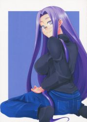 Rule 34 | 1girl, ass, breasts, denim, fate/stay night, fate (series), female focus, from behind, glasses, jeans, kneeling, large breasts, legs, long hair, medusa (fate), medusa (rider) (fate), official alternate costume, pants, purple eyes, purple hair, simple background, sitting, smile, solo, square pupils, turtleneck, typo, very long hair, wariza, zanku