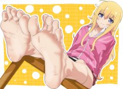 Rule 34 | 1girl, absurdres, barefoot, blonde hair, blue eyes, blush, feet, foot focus, gabriel dropout, gabriel tenma white, highres, long hair, looking at viewer, sitting, sl8-all, smile, soles, solo, toes