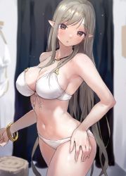 Rule 34 | 1girl, bikini, blush, bracelet, breasts, cleavage, cowboy shot, curtains, elf, fitting room, front-tie top, gem, green hair, hand on own hip, highres, jewelry, large breasts, long hair, navel, necklace, original, parted lips, pointy ears, shiny skin, sideboob, solo, swimsuit, takeashiro, thighs, very long hair, white bikini