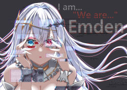 Rule 34 | 1girl, absurdres, azur lane, bare shoulders, black background, blue eyes, breasts, character name, chromatic aberration, cleavage, detached collar, dual persona, emden (azur lane), floating hair, grey hair, hair ornament, highres, large breasts, long hair, looking at viewer, red eyes, simple background, solo, upper body, xstetra (esxty)