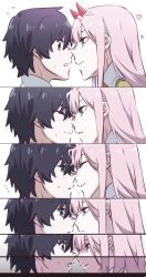 Rule 34 | 10s, 1boy, 1girl, black hair, blue eyes, blush, couple, darling in the franxx, closed eyes, face-to-face, flying sweatdrops, green eyes, highres, hiro (darling in the franxx), horns, leje39, long hair, looking at viewer, oni horns, pink hair, short hair, zero two (darling in the franxx)