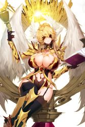 Rule 34 | 1girl, angel wings, armor, black thighhighs, blindfold, window blinds, blonde hair, book, breasts, cleavage, garter straps, gloves, halo, halterneck, highres, huge breasts, long hair, revealing clothes, sitting, snowball22, soccer spirits, solo, staff, thighhighs, transparent background, white guardenia, wings