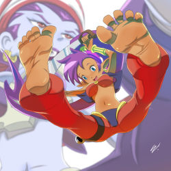 Rule 34 | 2girls, bandana, barefoot, breasts, cleavage, feet, looking at viewer, multiple girls, navel, purple hair, risky boots, scamwich, shantae, shantae (series), shantae and the pirate&#039;s curse, soles, spread toes, stomach, toes